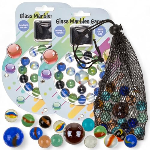 MIJOMA Glas Murmelspiel 2er-Set – 44 Bunte Glasmurmeln inkl. 2 Netzbeuteln – Klassische Klicker Murmeln für Kinder & Sammler – 22 Stück pro Beutel – Murmelspiel Set