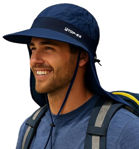 TOP-EX Mens Wide Brim Sun Hat with Neck Protection UPF 50 Oversized Cooling Hat for Fishing Hiking Big Head Adjustable Outdoor Cap Navy L/XL