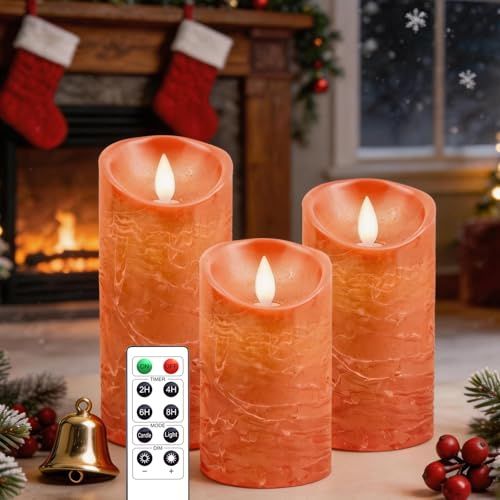 AiiBowy Led Kerzen [3er Set] Flammenlose Kerze Echtwachs Flackernde Dimmbar mit Fernbedienung Weihnachtskerzen LED Flammen 4/5/6” Tischdeko, Wohnzimmer, Weihnachten, Hochzeit, Party (Orange)