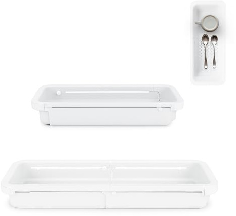 Escurridor de Platos Extensible con Escurridor de Cubiertos en acero inoxidable – Bandeja Multiuso para Platos, Verduras, Frutas y Pastas – Escurridor de Cocina sobre Fregadero en Plástico Blanco