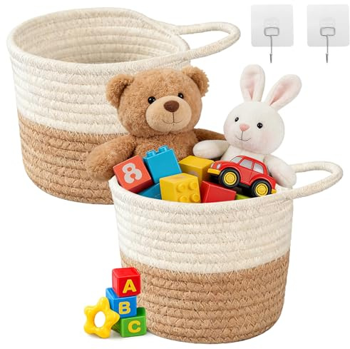 Set med 2 hängande korgar 15 × 15 cm, vävd bomullskorg med handtag, hängande förvaringskorg för kök, badrum och sovrum, växtförvaringskorg och tillbehör