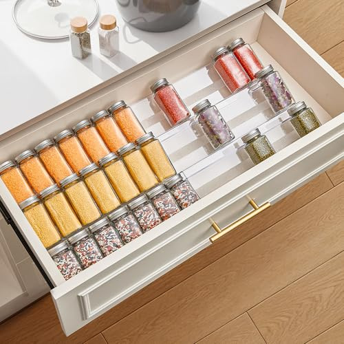 Aetubree 8 Packs Acrylic Spice Racks for inside Drawer, Expandable From 13 to 26 Drawer Seasoning Organizer, Kitchen Spice Rack Tray for Drawer, Countertop,16 Slip-Proof Pad,Jars not included,Clear
