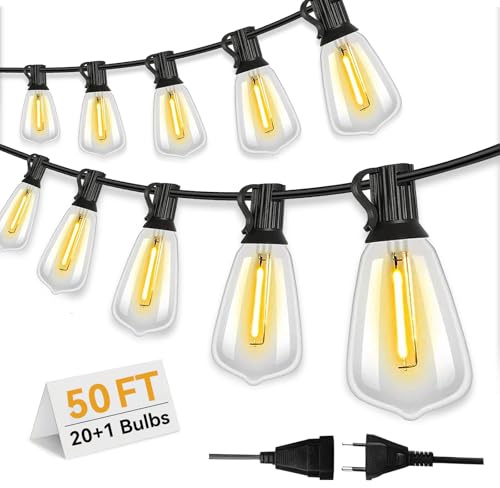 Wweixun2020 Lampade a Catena Esterno ST38 15M/50FT, 20 Lampadine LED +1 di Ricambio, Impermeabili IP44, Luce Calda 2200K, per Giardino Terrazzo Feste (15M/50FT, 26)