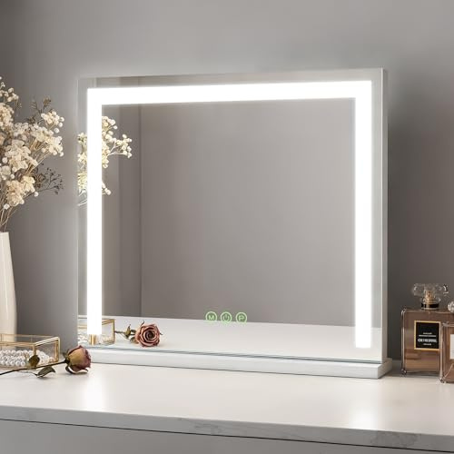 Heilmetz Schminkspiegel mit Beleuchtung für Tisch 60x52cm, Großer Kosmetikspiegel mit 3 Lichtfarben (3000K-6500K), Dimmbarer Standspiegel mit Memory-Funktion, Plug & Play für Schminktisch, Weiß