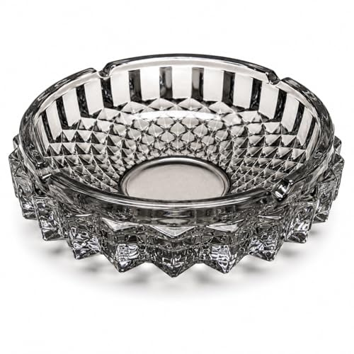 Cenicero de cristal de 15 cm, diseño de corte de cristal pesado, cenicero para cigarrillos, puros y mesa, cenicero decorativo de vidrio gris ahumado para el hogar, oficina, patio, bar, salón, mesa de