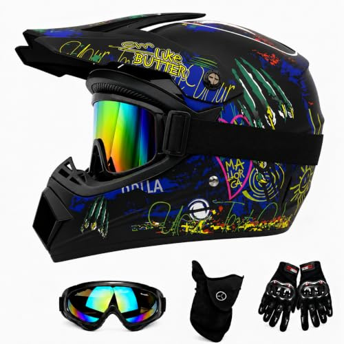 Motocross Helm Fullface für Kinder, DOT-geprüft mit komplettem Zubehörset | Mit 2 Größen Polster, drei einheitsgroße Zubehör Schutzbrille, Atemmaske & Fahrhandschuhe