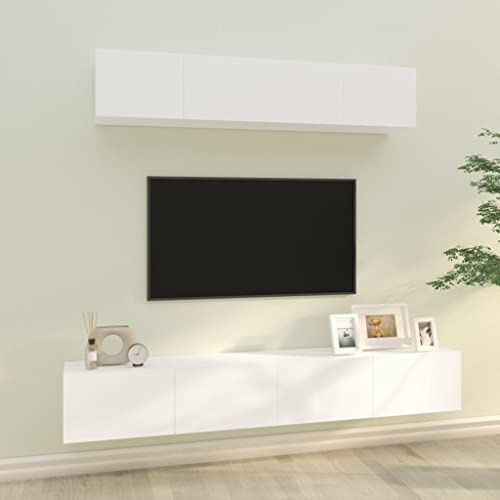 faucqel 4-Piece TV Cabinet Set White Wood Material Wall Mounted Living Room Lowboard TV Shelf TV Cabinet