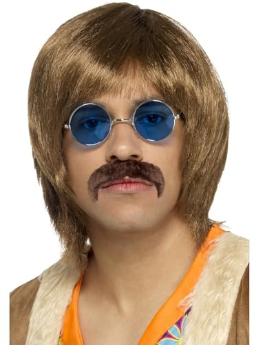 Smiffys 60er-Jahre Hippie-Set, Braun, mit Perücke, Schnurrbart und Hippie-Brille Halloween