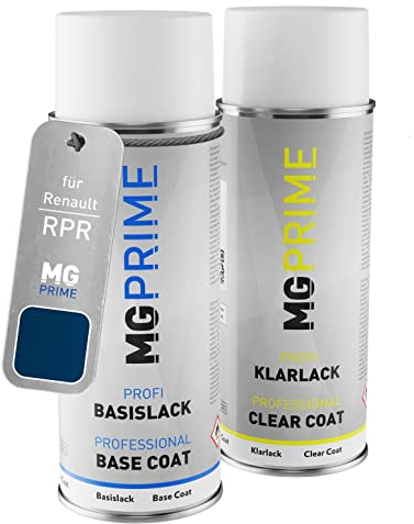 MG PRIME Autolack Sprühdosen Set für Renault RPR Bleu Cosmos Nacre/Kosmos-Blau Metallic Basislack Klarlack Spraydose 400ml