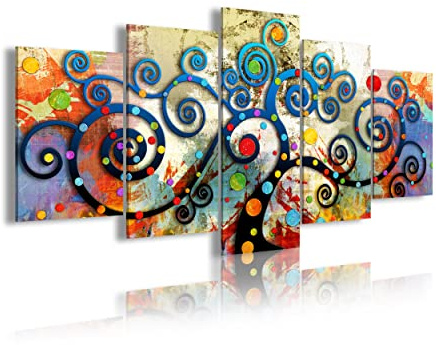 DekoArte 488 - Quadri moderni Stampa di Immagini Artistica Digitalizzata | Tela Decorativa Per Soggiorno o Stanza | Stile Astrazioni Arte Albero della Vita Gustav Klimt Rosso | 5 Pezzi 200x100cmXXL