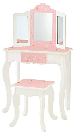 Teamson Kids Princess Gisele Twinkle Star Print 2-Piece Kids Wooden Play Vanity Set with Vanity Table, Tri-Fold Mirror, Storage Drawer, and Matching Stool, White with Pink and Gold Star Accent