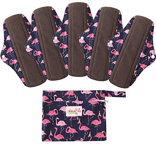 5 Stück Waschbare/Wiederverwendbare Slipeinlagen mit Holzkohle Absorbency Menstruation-Pads Waschbare Stoffbinden, Wiederverwendbare Binden,mit 1 Tragbare Mini Tasche (Groß- 30cm/11.8 inch, Flamingos)