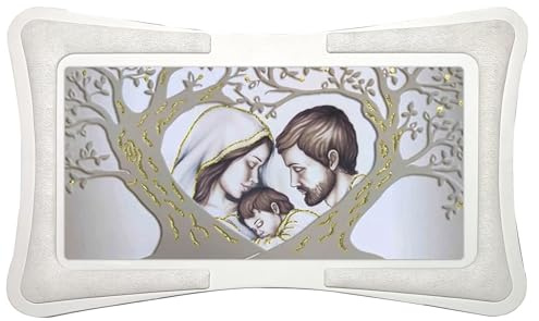 oggettando Quadro Albero della Vita Sacra Famiglia con Cornice in Ecopelle Bianca con Inserto Imbottito Fili Argento o Rame e Fili Perla; Regali utili Originali e a Prezzi Bassi (Oro 60x90cm)