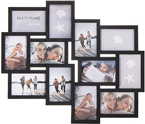 SPRINGOS - Cornice per 12 foto in plastica, collage fotografico, formato verticale e orizzontale, decorazione da parete, colore: nero, 59 x 50,5 cm