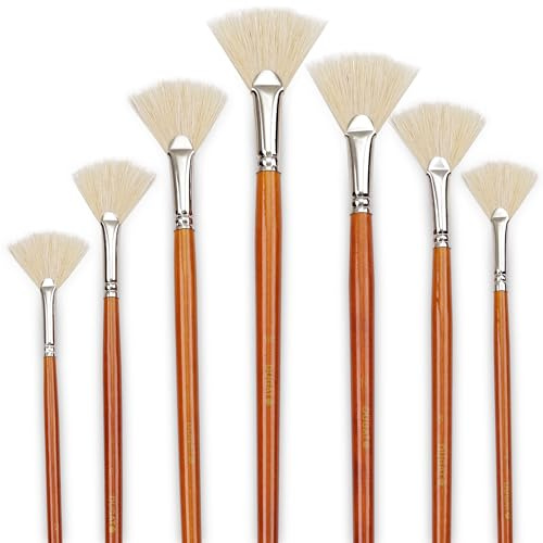 Künstler-Fächerpinsel-Set, 7-teilig, weiße Schweineborsten, natürliches Haar, Anti-Verheddern, Pinselspitzen für Acryl, Aquarell, Ölmalerei, langer Holzgriff | Comfortable Wood Handle for Ceramic Pottery Glazing & Painting, Ideal for Acrylic & Oil, Smooth Blending & Texture Effects