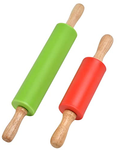 2 PCS Mattarello in Silicone Antiaderente con manico in legno, Mattarello Cucina con Manici in siliconeper pasta farina utensili da cucina per cuocere pizza, biscotti, torte e pasticceria.