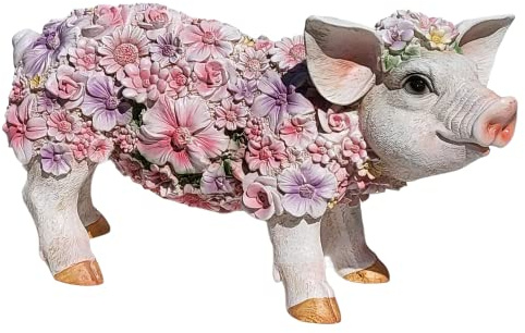 OF Gartenfiguren süsses Schwein mit Blumen verziert - Gartenfigur Ferkel Deko für außen Tiere groß (Schwein stehend)