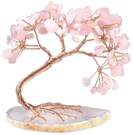 Nupuyai Rosenquarz Edelstein Baum Geldbaum Feng Shui Kristall Hochzeit Deko | Wunsch Kristallbaum mit Achat Scheibe Basis, Heilstein Glücksbaum, kristall Lebensbaum Hochzeit Geschenk Wohn Deco