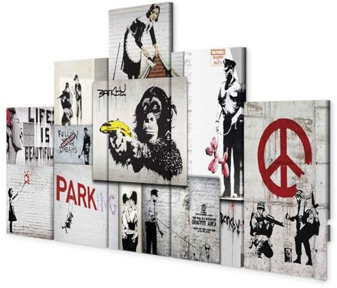 B&D XXL - Akustikbild Abstrakt Banksy 5 tlg - Bilder Akustikschaum Schallschutz Wand Deko Kunst Akustikpaneele Wandpaneele Schalldämmung Wandbild Schallabsorber Akustikplatten f-C-0138-b-m