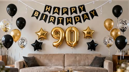 Luftballon 90. Geburtstag Schwarz Golden, Geburtstagsdeko 90 Jahr, Ballon 90. Geburtstag, Riesen Folienballon Zahl 90, Happy Birthday Banner 90, Ballon 90 Deko zum Geburtstag Mann Frau(90.)