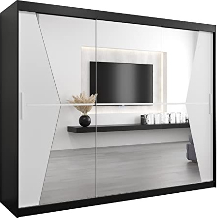 MEBLE KRYSPOL Maroko 250 Schlafzimmerschrank mit DREI Schiebetüren, Spiegel, Kleiderstange und Regalen – 250x200x62cm - Mattschwarz + Mattweiß