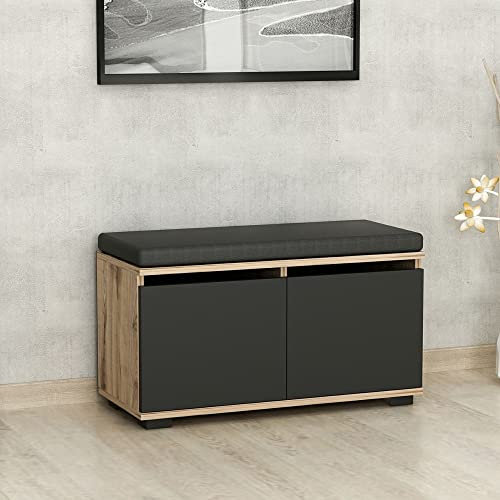 [en.casa] Banc à Chaussures avec 2 Portes Range-Chaussures à 4 Niveaux Meuble de Rangement pour Entrée Panneau de Particules Textile 42 x 80 x 35 cm Effet Chêne Noir