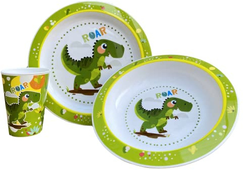 Ensemble de repas Dinosaures 3 pièces, assiette plate, assiette creuse, verre, vaisselle en plastique réutilisable, passe au micro-ondes