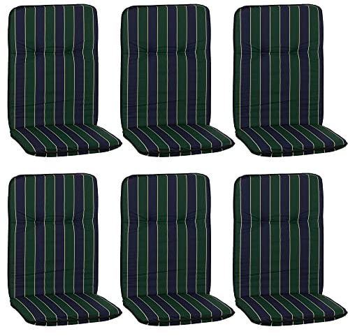 NYVI Hochlehner Auflagen Hawaii 6er Set - 114x47 cm Blau Dunkelgrün Gestreift - Gartenmöbel Auflage mit 5 cm Polster und Gummi-Halteband