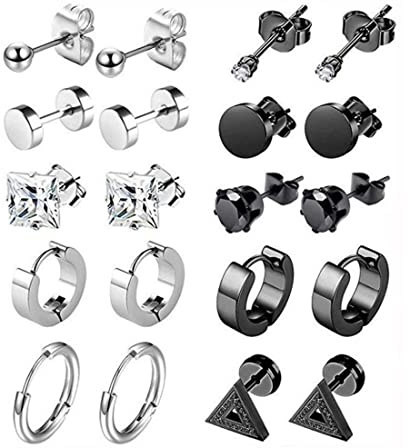 10 Pairs Männer Ohrringe Edelstahl, Herren Ohrringe Schwarz Titan Punk Ohrringe Kreuz Piercing Ohrstecker Runde Coole Ohrstecker Ohrclips Creolen Ohrringe Kreuz Baumeln Ohrringe für Männer Jungen