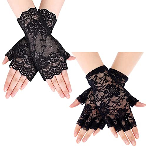Liitata 2 Paar Kurze Spitze Handschuhe Blumen Fingerlose Handschuhe Spitze Halbfinger Handschuhe Retro Opera Party Handschuhe für Hochzeit Halloween Maskerade Karneval Thema Party - Schwarz Stil 2