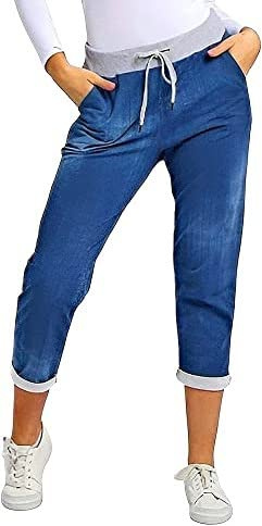 Chilgoza Women’s Ladies Denim Joggers Star Printed Sweatpants Floral Ribbed Waistband Trousers Ladies Casual Summer Italian (Denim, 20-22)