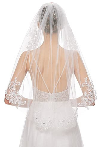 BYNYXI Spitze Brautschleier Kurz Weiß, 90cm-120cm Hochzeit Brautschleier mit Kamm Braut Stola Tüll Kurzer Schleier Ribbon Edge Brautschleier für JGA Junggesellinnenabschied Hochzeit Schleier Party