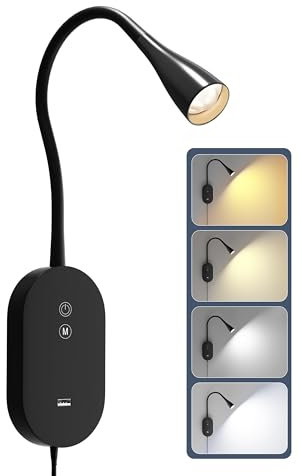 TOPMB Wall Reading Lights for Book in Bed, Reading Lamp with 4 Color Modes 5 Dimmable, CRI 95+ Resembles Natural Sunlight,2A USB Output, Memory Function, 4-Hour Auto Off, Headboard Wall Lamp Black
