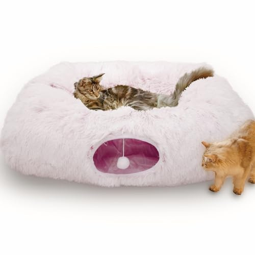 XxingSheep Extra großes Katzentunnelbett für Indoor-Katzen, Peekaboo Katzenhöhle, Donut mit Mittelmatte, Rosa-Weiß