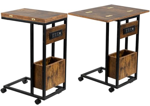 Hadulcet C Tables End Table Set of 2, C Shaped Side Table with Charging Station, Folding Table TV Trays for Eating, Couch Tables That Slide Under, Small End Table Snack Tables, Rustic Brown