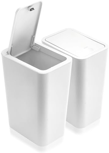 2-Pack Bathroom Bin with Lid, Bedroom Bin with Slim Push-Button Design | Dog-Proof Plastic Kitchen Bin,Trash Can for Toilet, Office and Living Room Off White