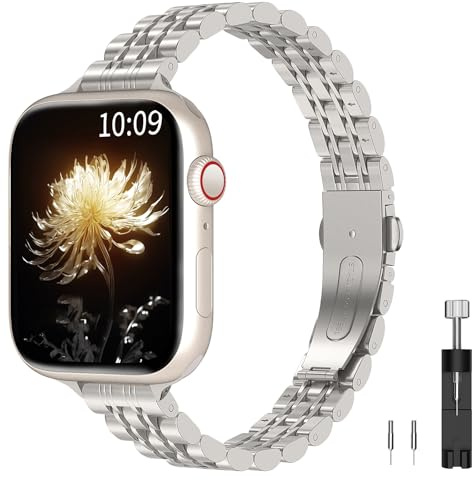 TiMOVO Slim Watch Band Compatible with Apple Watch Band 41mm 40mm 38mm, Premium Stainless Steel Adjustable Wristband for Women, Suitable for Series 9/8/7/6/5/4/3/2/1/SE 38/40/41mm, Starlight