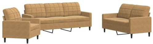 vidaXL 3-TLG. Sofagarnitur mit Kissen Braun Samt, Sofa, Fernsehsessel, Sessel, Sofa Set, Relaxsofa, Samtsofa, Wohnzimmermöbel, Sofa gepolstert, Couch