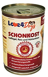 Love4Dog´s Nassfutter SCHONKOST für ausgewachsene Sensible Hunde | 6x800g | Geflügel mit Reis und Hüttenkäse | Hundenassfutter | Alleinfutter | ohne Zusatzstoffe