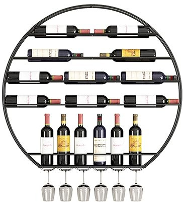 Rundes Weinregal Wand Metall Flaschenregal Schmal Wine Rack Bar Regal Wand Weinschrank Hausbar Barschrank mit Weinglashalter für Esszimmer Home Bar Küche Bartheke Wohnzimmer(Nero,80*75*10)