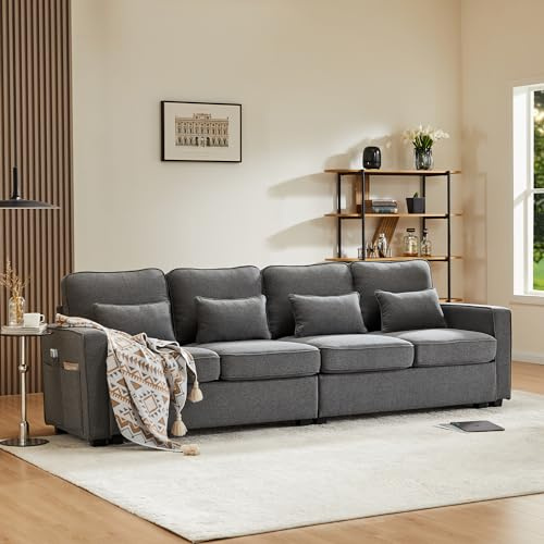 Wiuzo Modernes 4-Sitzer-Sofa aus Leinenstoff, Viersitzer-Sofa mit Armlehnentaschen und 4 Kissen, Sofa im einfachen Stil, Geeignet für Wohnzimmer, Wohnung, Büro,264x83x87cm (Dunkelgrau)