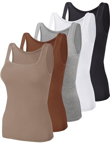 BQTQ Set of 5 Women's Fitted Tank Tops Stretchy Crop Top Sleeveless Square Neck Bodysuits Tank Top (5 pcs), S