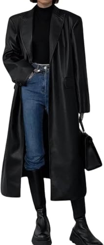 Juankrynord Trench lungo da Donna alla moda primaverile ampio lungo fino al ginocchio in PU con risvolto e bottoni stile retrò giacca da completomonopetto trench autunnale (Nero,S)