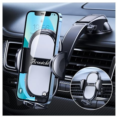 Phone Holder for Car, Universal Car Phone Holder for Dashboard/Windscreen/Air Vent, Upgraded Suction & Clip, 360° Rotation, One Button Release for iPhone, Samsung, All 4.0''-7.0'' Smartphones