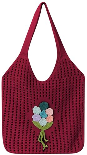 Ausing Strandtasche Damen Gehäkelte Tragetasche Strandtasche Hohles Design Handgewebt Rot