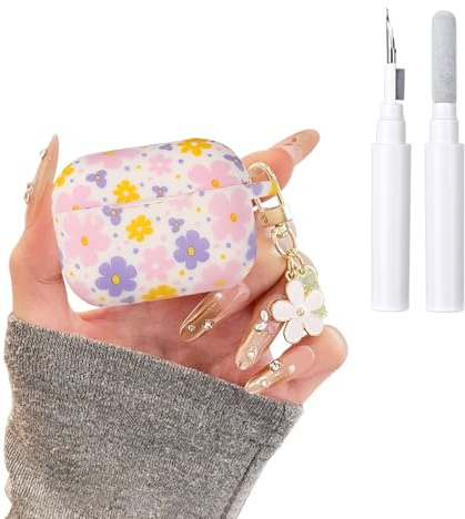 Reownest Cover per AirPods Pro 2a/1a Generazione con Kit di Pulizia, Design Carino con Fiori Colorati Portachiavi Estetico, Custodia Morbida in Silicone per Auricolari - Viola