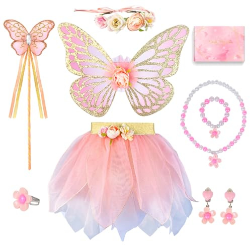 TOSZOLY Déguisement Fée Fille 8 Pièces – Ailes de Papillon, Jupe Tutu, Baguette, Couronne de Fleurs, Bijoux, Costume Princesse pour Filles 3-6 Ans, Anniversaire, Carnaval, Halloween