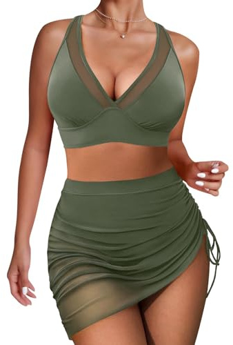 High Waisted Bikini Set Tummy Control Bikini Sets for Women, Push Up Bikinis 2 Piece Swimsuit, Adjustable Swimming Costumes for Grils (UK, Alpha, L, Regular, Regular, Green)