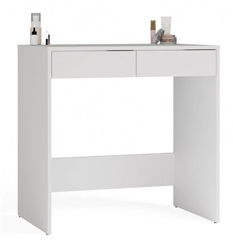 CDF Schreibtisch Computertisch Mit 2 Schubladen Moderner Arbeitstisch Weiß Für Schlafzimmer Jugendzimmer Büro Kleine Räume Platzsparend Grifflos Mit Rollen 81 x 50 x 80 cm