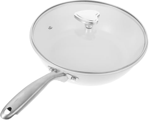 MUCKLILY Sartén Wok Cerámica De Fondo Plano 28 Cm Blanca Con Antiadherente Para Cocina Gas Multitarea Uso Doméstico